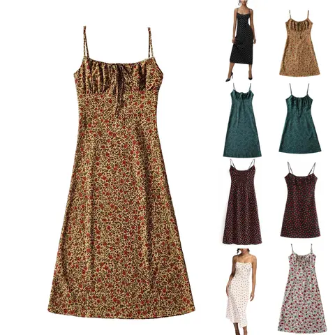 UANEO Women's Floral Fall Dress Low-Cut Square Neck Spaghetti Strap Tie Bodycorn Dresses Casual Wear Slip with Adjustable Straps & Elastic Neckline