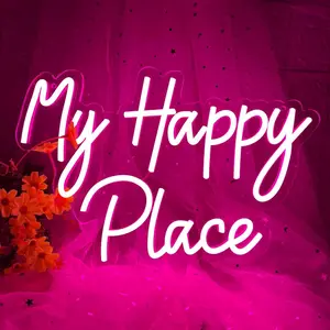 LED Neon Light Fluorescent Lamp, My Happy Place Design, Adjustable Brightness USB Powered, Ideal Room Decor, Perfect Gift for Birthdays