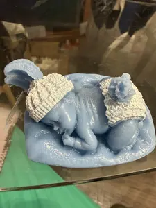 Bebes Dormilones de Cera Decorative Wax Babies for Events Blue Color with Knitted Hats and Blankets