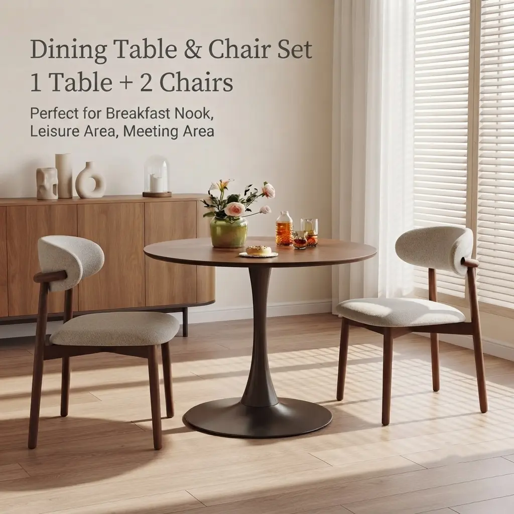 3-Piece Walnut Wood Geometric Contemporary Round Dining Table Set (31.5" Diameter) w/2 Chairs, Mid-Century Modern Breakfast Nook Table w/Sturdy Metal Base, Ergonomic Seats, Fire Safety Label, Ideal for Small Apts, Living Rooms