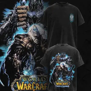 Lich King - World Of Warcraft Menswear Gift for Game Fans Top Apparel Classic Oversized Seamless Simple Straight Man Designer Shirts Men's Regular Fit Floral Print Tee Heavyweight Cotton T-Shirts Featuring Epic Panther Design washed black