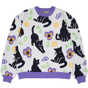 Steady Hands Meowin' Around Knit Sweater White Black Purple Cats Kittens