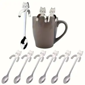 Cute Cat Shaped Coffee Spoon, 6 Counts Stainless Steel Coffee Dessert Ice Cream Spoon, Kitchen Utensils for Home Dormitory Dining Room, Spoons Set