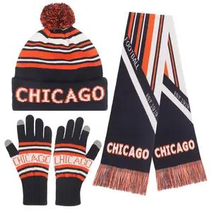 Knitted Chicago Ribbed Beanie Scarf & Gloves Set Jacquard Design Elastic Warm Winter Accessories for Football Fans Winter Fashion