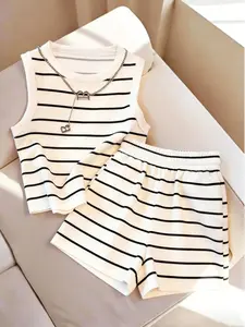 Women's Striped Tank Top and Shorts Set, Sleeveless Short Top + Elastic Waist Shorts, Summer Casual Home Wear, Minimalist Fashion, Womenswear