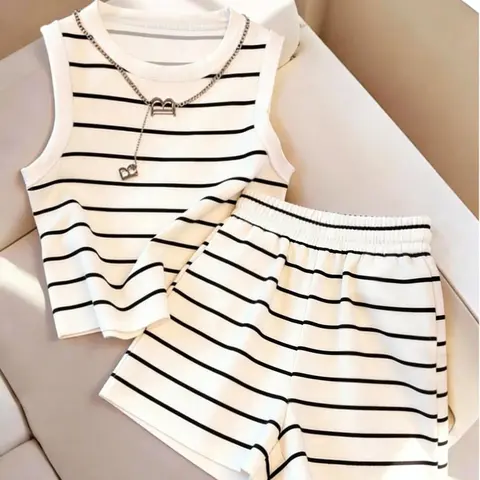 Women's Striped Tank Top and Shorts Set, Sleeveless Fitted Short Top + Elastic Waist Shorts, Summer Casual Home Wear, Minimalist Fashion, Casual Style Set, Womenswear
