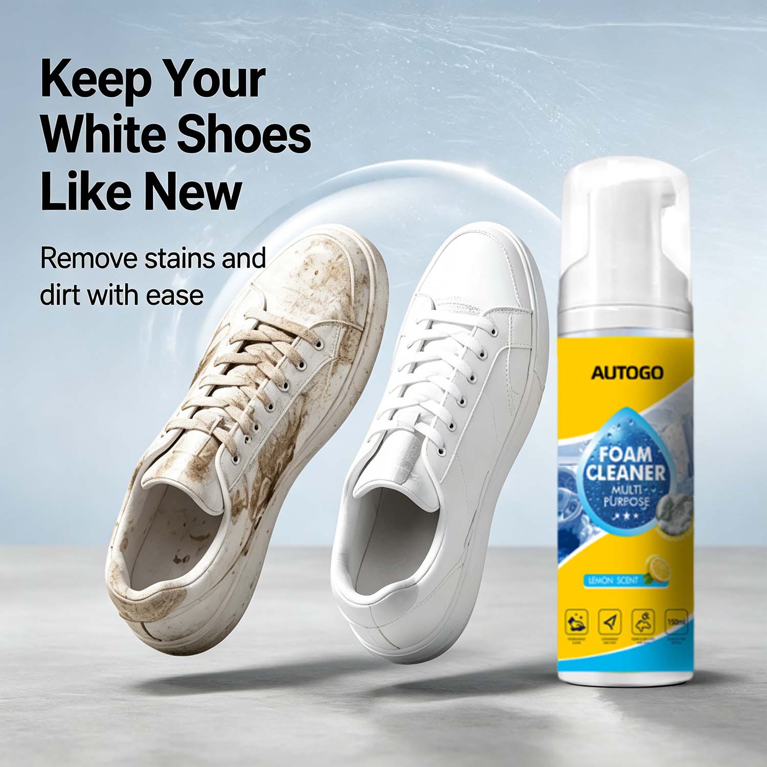 Multi-purpose sports shoe whitening foam mousse: stain and yellowing remover for white trainers – no water required
