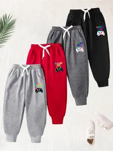 Boys' Gaming Style Sweatpants Set, Game on Controller Rainbow Print Drawstring Pants, Loose Fit Long Joggers, 4 Pieces, Multiple Colors Available