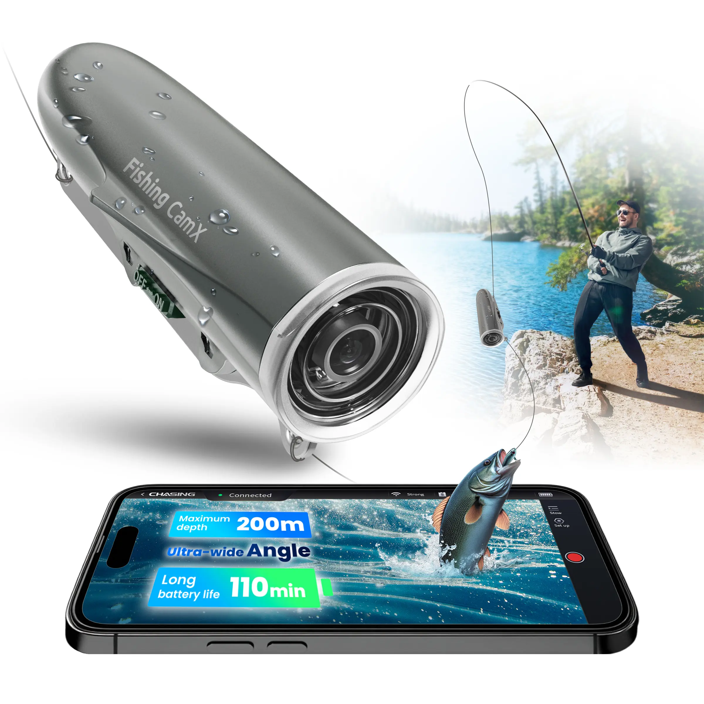 Underwater Fishing Camera with Lure-Style Fish Fin Design for Stable Recording, 1080P HD 136° Ultra-Wide-Angle Lens, 656ft Waterproof, 110-Min Battery, Wireless Charging, USB Cable, 2 LED Green Lights to Uncover Diverse Fish