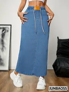 JUNBAOSS Women's Casual Stretch Mid Rise Long Denim Skirt with Drawstring A Line Fitted Hipster Streetwear Basic Black Cotton Fabric Comfortable Fit Fashionable Design Durable Materials 2 Pockets