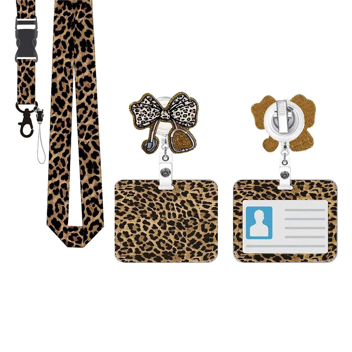 Leopard Print ID Badge Holder Set, Detachable Nurse ID Clip, Stretchable Badge Reel, Rotating Clip, Flashing Bow Business Card Holder, Personalized Lanyard, Id Badge Holder With Lanyard, Id Holders For Badges