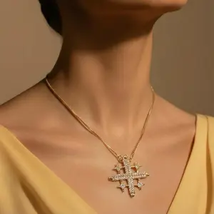 Jerusalem Cross Pendant for Women 18k Gold Plated with Cubic Zirconia 3cm Diameter 47.5cm Chain 4.6cm Extension