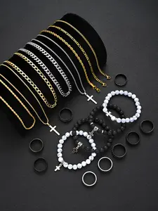 21-Piece Stainless Steel Jewelry Set, Men's Fashion Casual Punk Cross Pendant Necklace Bracelet Ring Set, Perfect Gift for Father's Day