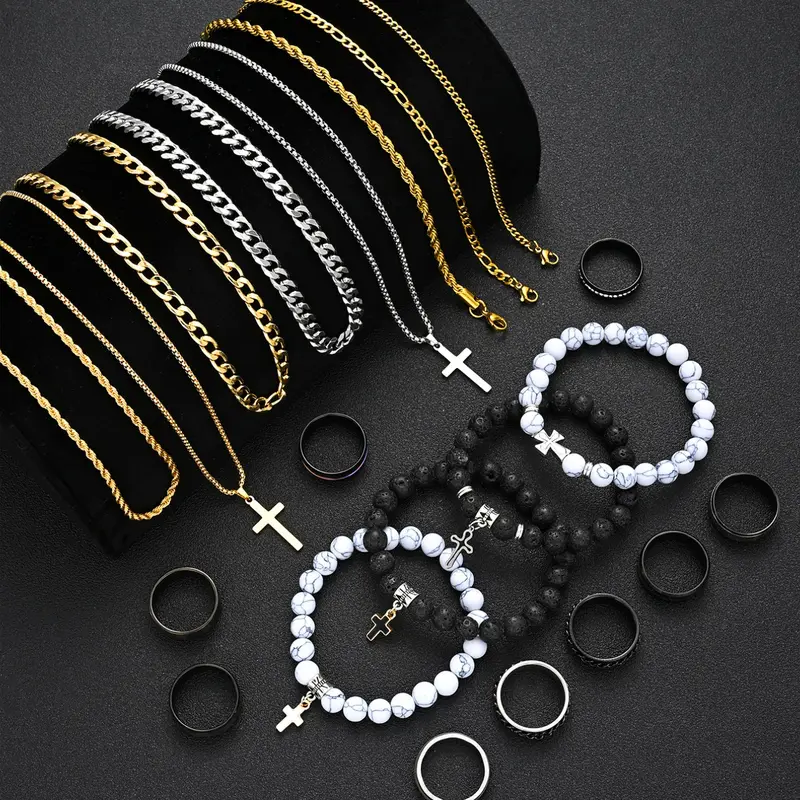 21-Piece Stainless Steel Jewelry Set, Fashionable Jewellery Gift Set, Trendy Jewelry Set, Men's Fashion Casual Punk Cross Pendant Necklace Bracelet Ring Set, Perfect Gift for Father's Day