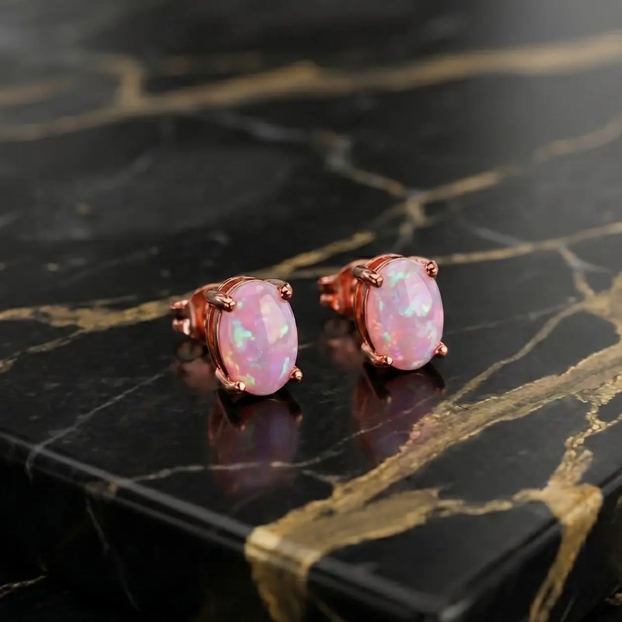 Pink Opal Pretty Studs, Rose Gold-Plated 925 Sterling Silver Dainty Lab-Created 4x6mm Stud Earring Jewelry, Dainty Earrings