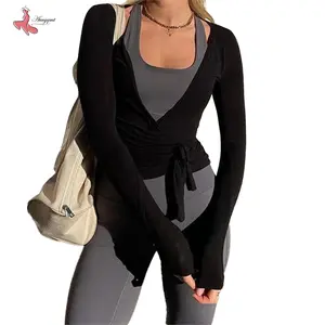 Women’s Cross Wrap Tie Tops Long Sleeve Deep V Neck Solid ColorFit T-shirts Workout Blouses