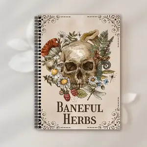 Gothic Witch Durable Drawing Sketchbook Notebook A5 Spiral Journal, Wild Plant Observation & Herbal Reference, Skull Floral Design, Dark Academic Magic Decor