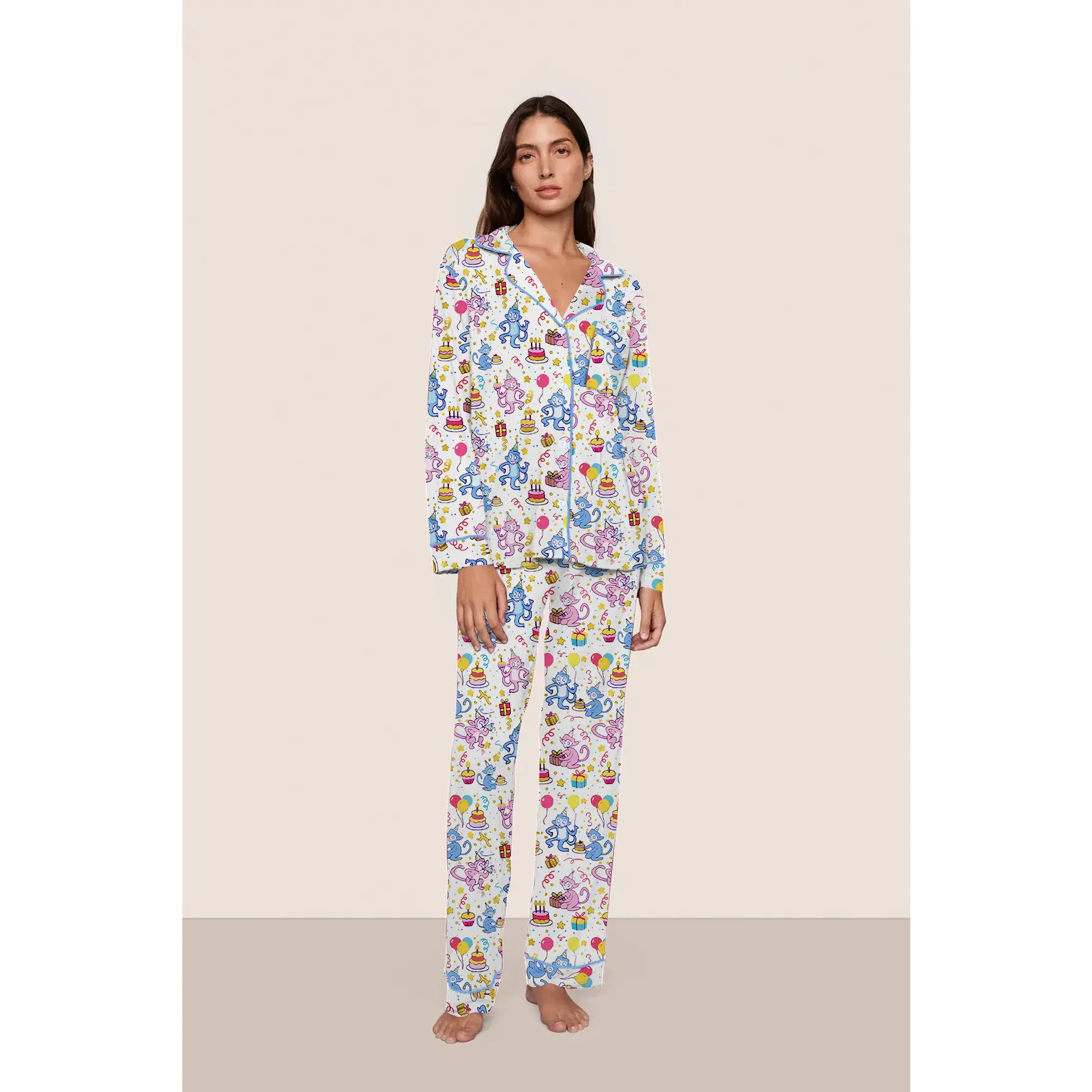 Cute Cartoon Monkey + Birthday Cake + Balloon Gift All-over Print, Lapel Design + Blue Piped Trim, Soft Skin-friendly Fabric, Comfortable Loungewear Set with Long Sleeves & Long Pants, Wearable Outside, Sweet Girlish Casual Loose Fit Loungewear Set
