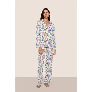 Cute Cartoon Monkey + Birthday Cake + Balloon Gift All-over Print, Lapel Design + Blue Piped Trim, Soft Skin-friendly Fabric, Comfortable Loungewear Set with Long Sleeves & Long Pants, Wearable Outside, Sweet Girlish Casual Loose Fit Loungewear Set