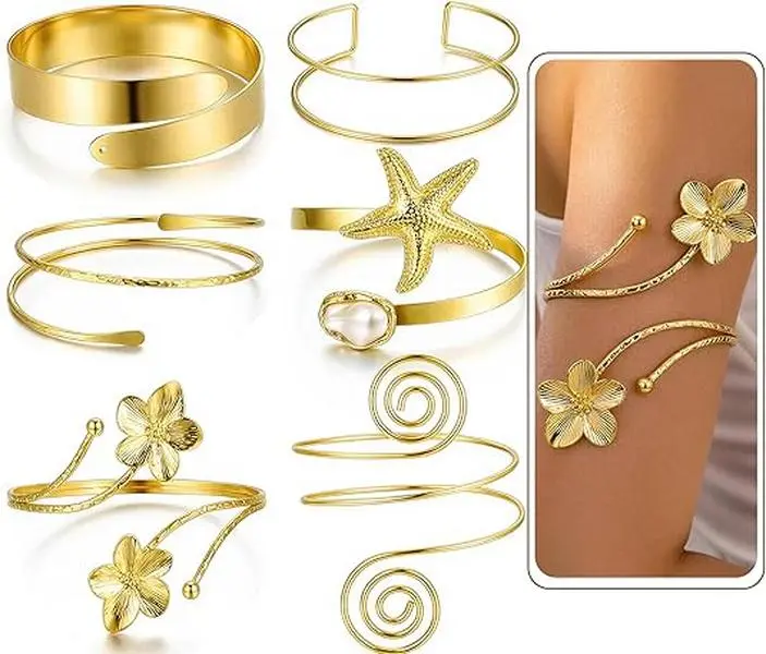 6PCS Gold-Tone Arm Cuff Bracelets for Women, Boho Statement Gold Upper Arm Bangle Band Armlet, Open Adjustable Cuff Bracelet set Stackable Jewelry