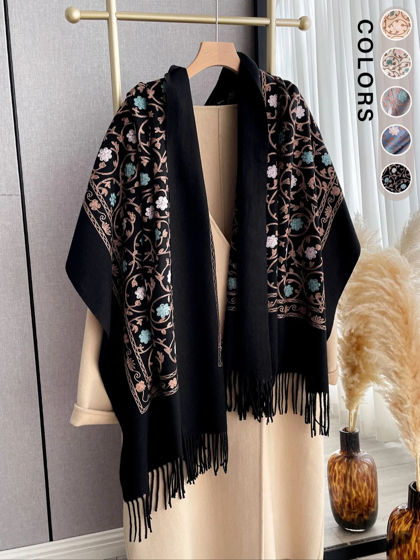 Women's Thick Warm Embroidered Scarf, Bohemian Windproof Shawl, Paisley Pattern, Fashion Accessory for Fall & Winter