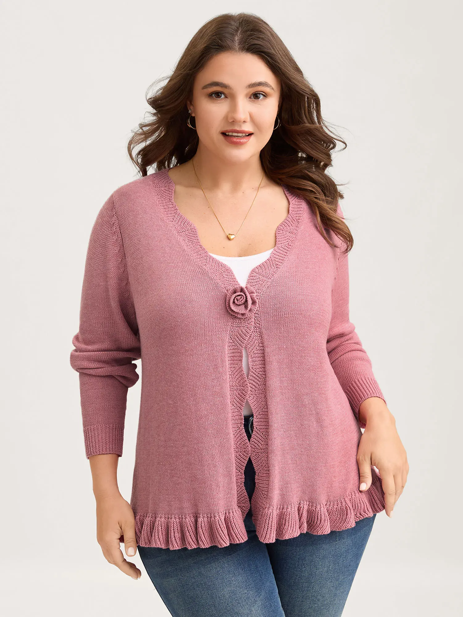 BloomChic Women's V-Neck Long Sleeve Loose Lightweight Knitwear Cardigan - Butter Soft Texture, Floral Buttons, Ruffled Hem, Fit for Casual Everyday Wear, Lightweight Knit Sweater,summerwins,Spotlight,Summer wins,Deals for you days Womenswear Lightpink