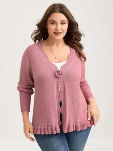 【Butter Soft 】 Bloomchic Supersoft Textured Floral Button Ruffled Hem Knit Cardigan - Light Pink V-Neck Long Sleeve Fitted Casual Knitwear for Women Womenswear Lightpink Vneck