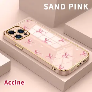 Phone Case for iPhone 15 Pro Max 16 14 Plus 13 12 11 Graceful Pink Bow Pattern Luxury Golden Electroplated Soft TPU Rugged Durable Cell Phone Cover