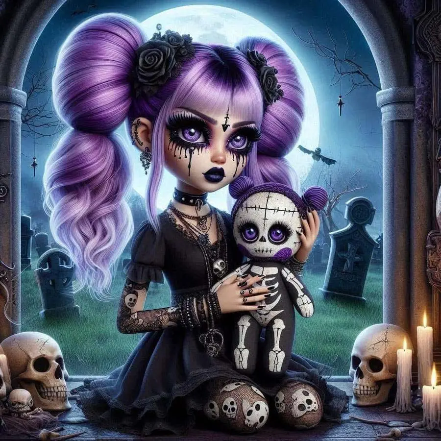 1pcs 5D DIY diamond painting kit, 5D diamond art kit, gothic girl, purple hair, skull decoration. Full round drill DIY diamond painting kit, mosaic, diamond art, DIY home decor, Crafts, Handicraft, suitable for Halloween and Christmas Handmade Gifts.