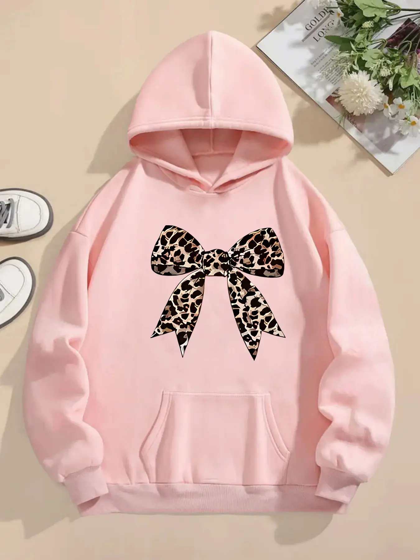 Women's Hooded Sweatshirt Autumn Winter Leopard Bow Print Vintage Trendy Sweet Cool Girl Style Fleece Casual Streetwear