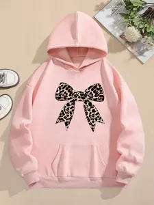 Women's Hooded Sweatshirt Autumn Winter Leopard Bow Print Vintage Trendy Sweet Cool Girl Style Fleece Casual Streetwear