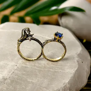Seahorse And Blue CZ Two Finger Ring, Luxury Jewelry/SZ.7/8