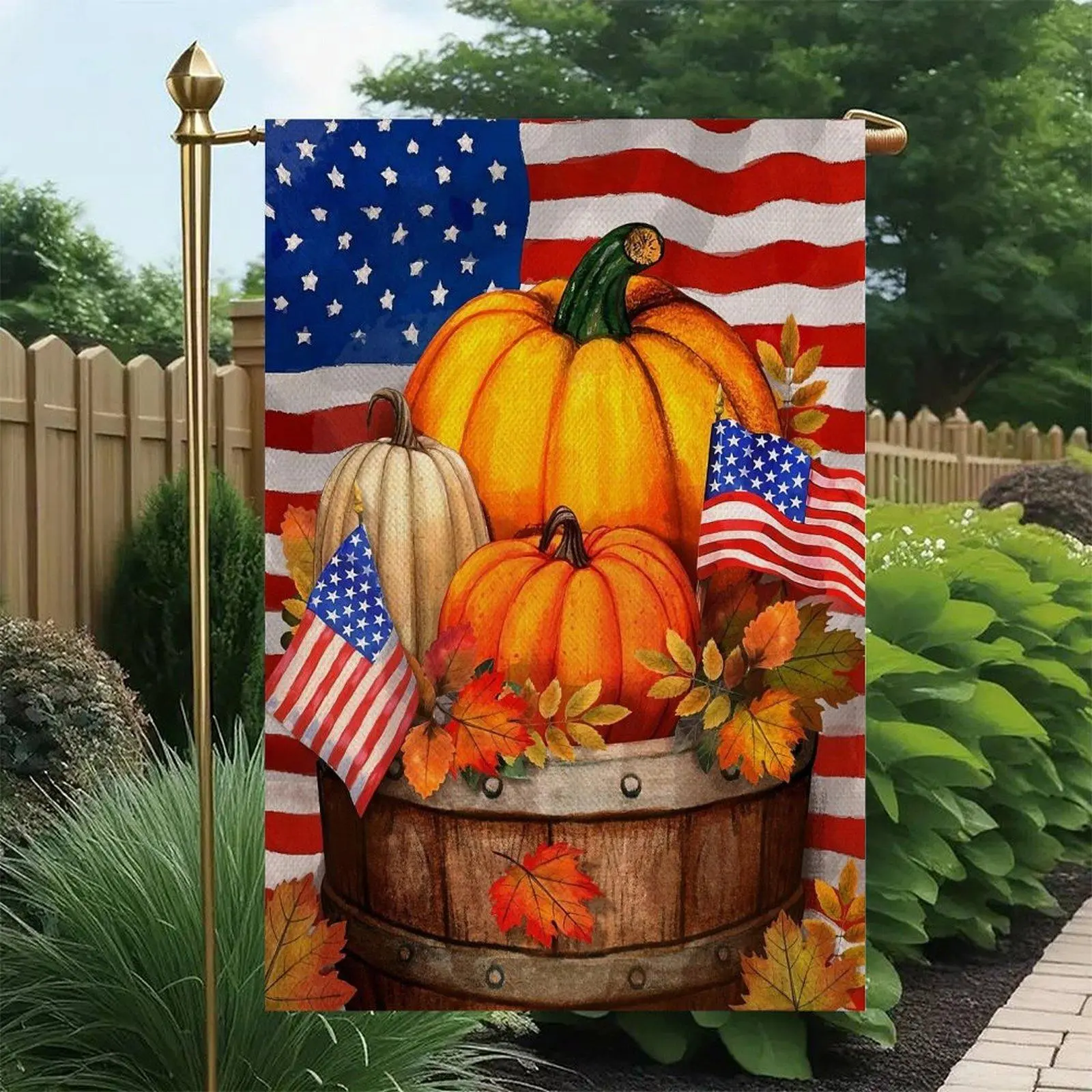 American Flag Pumpkin Barrel Garden Flag, Double Sided Design 12x18in Patriotic Fall Maple Leaf Harvest Outdoor Flag