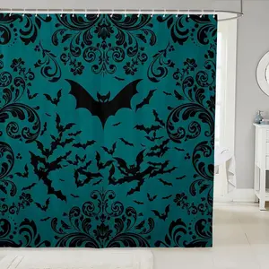 Feelyou Spooky Black Bat Washable Gothic Shower Curtain Set, Damask Floral Halloween Decor, Goth Bath Tub Accessories for Teal Bathrooms