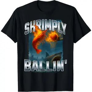 Shrimply Ballin Flaming Shrimp Dunking Over Some Sharks Meme T-Shirt