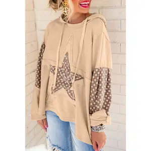 Apricot Floral Patchwork Star Pattern Drawstring Hoodie