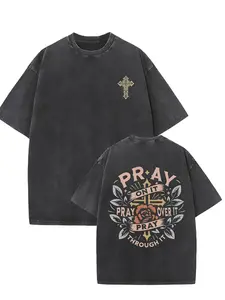 1pc, 100% Pure Cotton, Prayer Pattern Printed T-Shirt, Spring And Summer Round Neck Short Sleeved Men'S Washed Retro T-Shirt, Pure Cotton Breathable Casual Sports Top, Holiday Gift