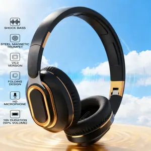 Wireless Head-Mounted Earphones with 3D Surround Sound Effects Black-Gold Panoramic Audio Experience for Music TV Series & Gaming 86dB Sensitivity