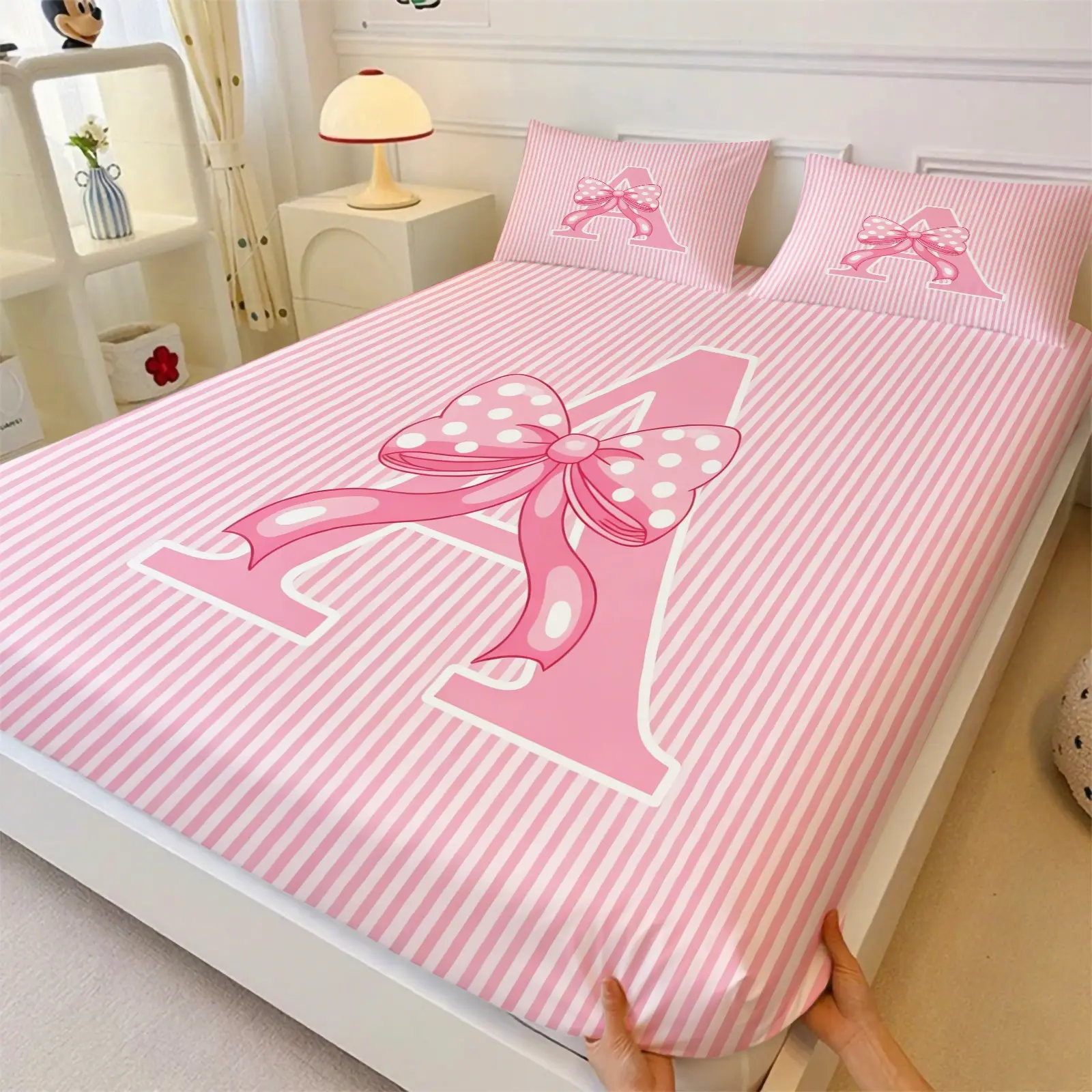 3Pcs Pink Striped Letter Fitted Sheet Set, Sweet Preppy Bed Sheet Set, Soft Breathable Bow Bedding Set (No Fillers), Perfect for Girls Teens Bedroom, Dorm, Apartment Decor for Pillowcases, All Seasons