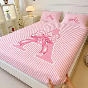 3Pcs Pink Striped Letter Fitted Sheet Set, Sweet Preppy Bed Sheet Set, Soft Breathable Bedding Set (No Fillers), Perfect for Girls Teens Bedroom, Dorm, Apartment Decor for Pillowcases, All Seasons
