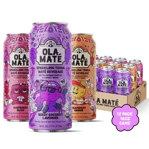 Ola Maté Variety Pack Sparkling Maté - Raspberry Bliss Berry Coconut Lavender & Grapefruit Ginger - 16 FL OZ Each - US Flavored Yerba Mate Beverage - Certified USDA Organic Low Sugar Naturally Sweetened Non-GMO - 12 Pack 16oz Cans