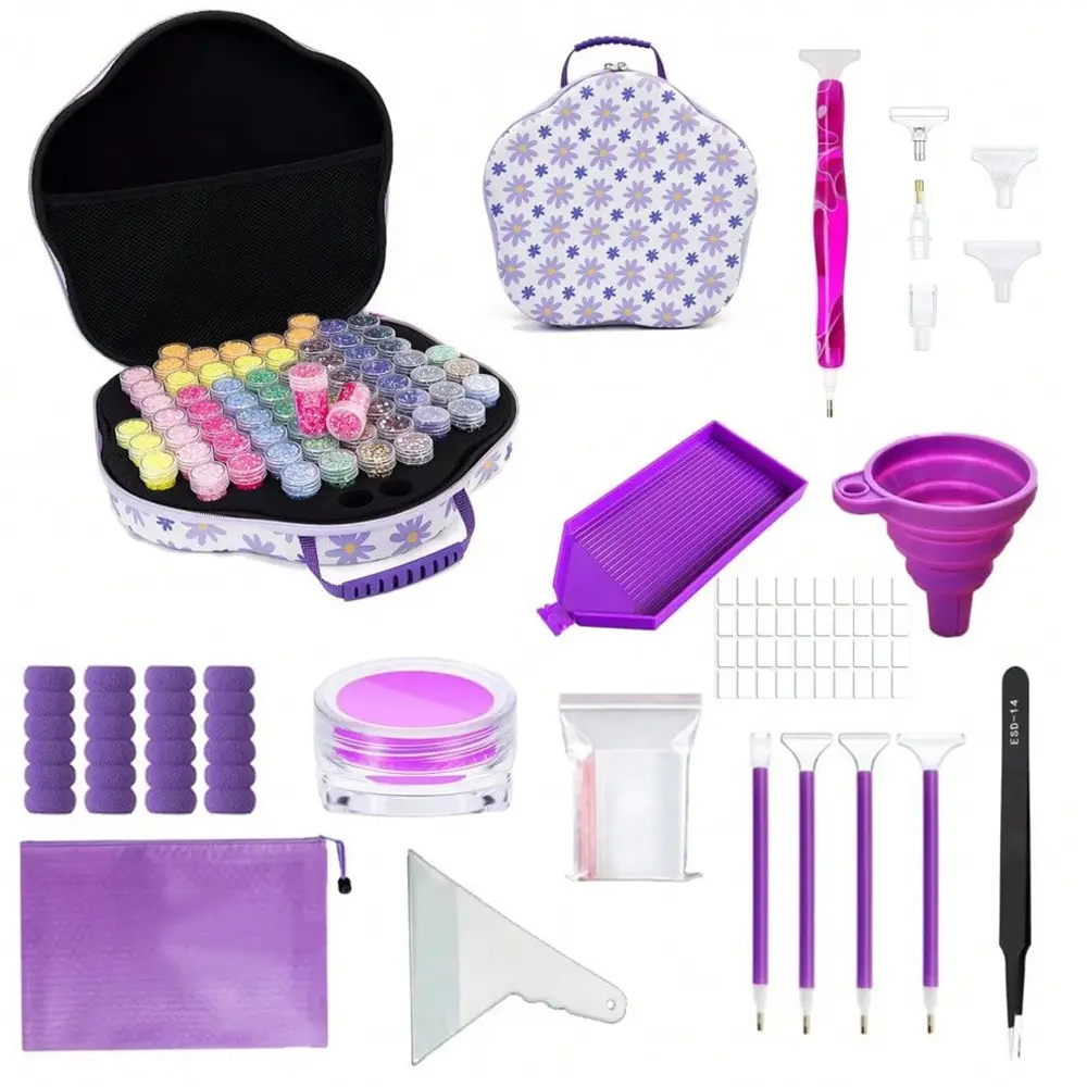 70-Grid Portable Diamond Painting Storage Box & Tool Set with Foldable Funnel, Flower-Shaped Nail Bead Container for DIY Needlework, Cross Stitch Kit Art Projects for Friends, Holiday Gifting