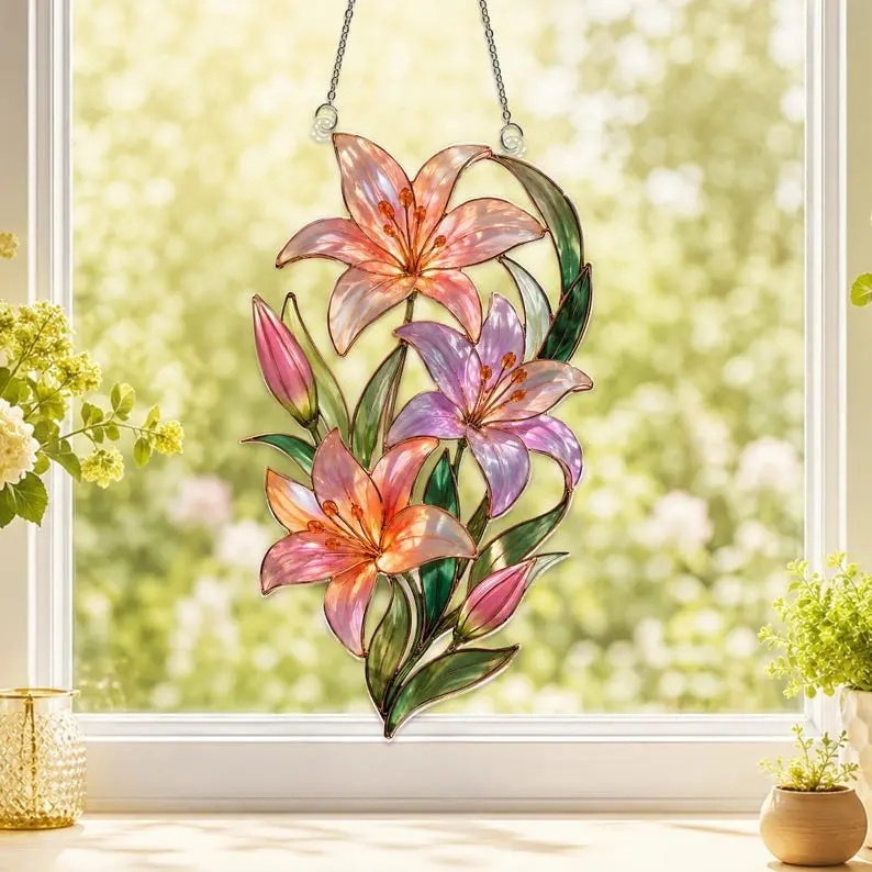 Lily Flower Suncatcher, Stained Glass Lily Window Ornament, Floral Suncatcher Gift, Lily Home Decor, Spring Window Hanging