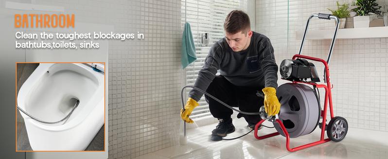 VanAcc Drain Cleaner Machine Auto Feed Sewer Snake Drain Auger with 8 Cutter for 2" to 4" Pipes, Clog Hair Remover Tool for Bathroom Kitchen