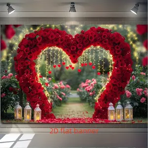 [Party Banner]Romantic Red Rose Love Arch Party Banner - Heart-Shaped Polyester Photo Backdrop with Fairy Lights & Lanterns, Perfect for Home Decor, Room Wall Decor, And Party Supplies/ Gifts, Romantic Setting | Elegant Decoration | Decorative Lanterns