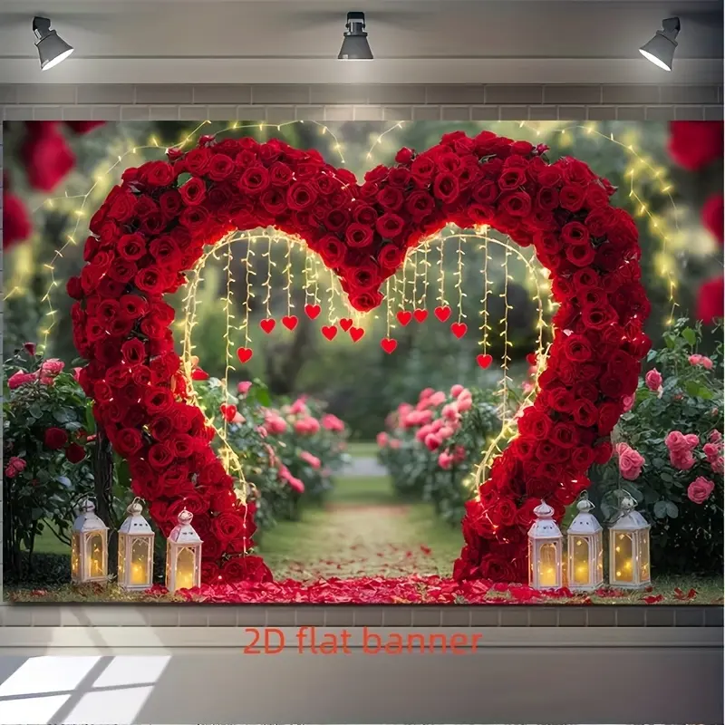 [Party Banner]Romantic Red Rose Love Arch Party Banner - Heart-Shaped Polyester Photo Backdrop with Fairy Lights & Lanterns, Perfect for Home Decor, Room Wall Decor, And Party Supplies/ Gifts, Romantic Setting | Elegant Decoration | Decorative Lanterns