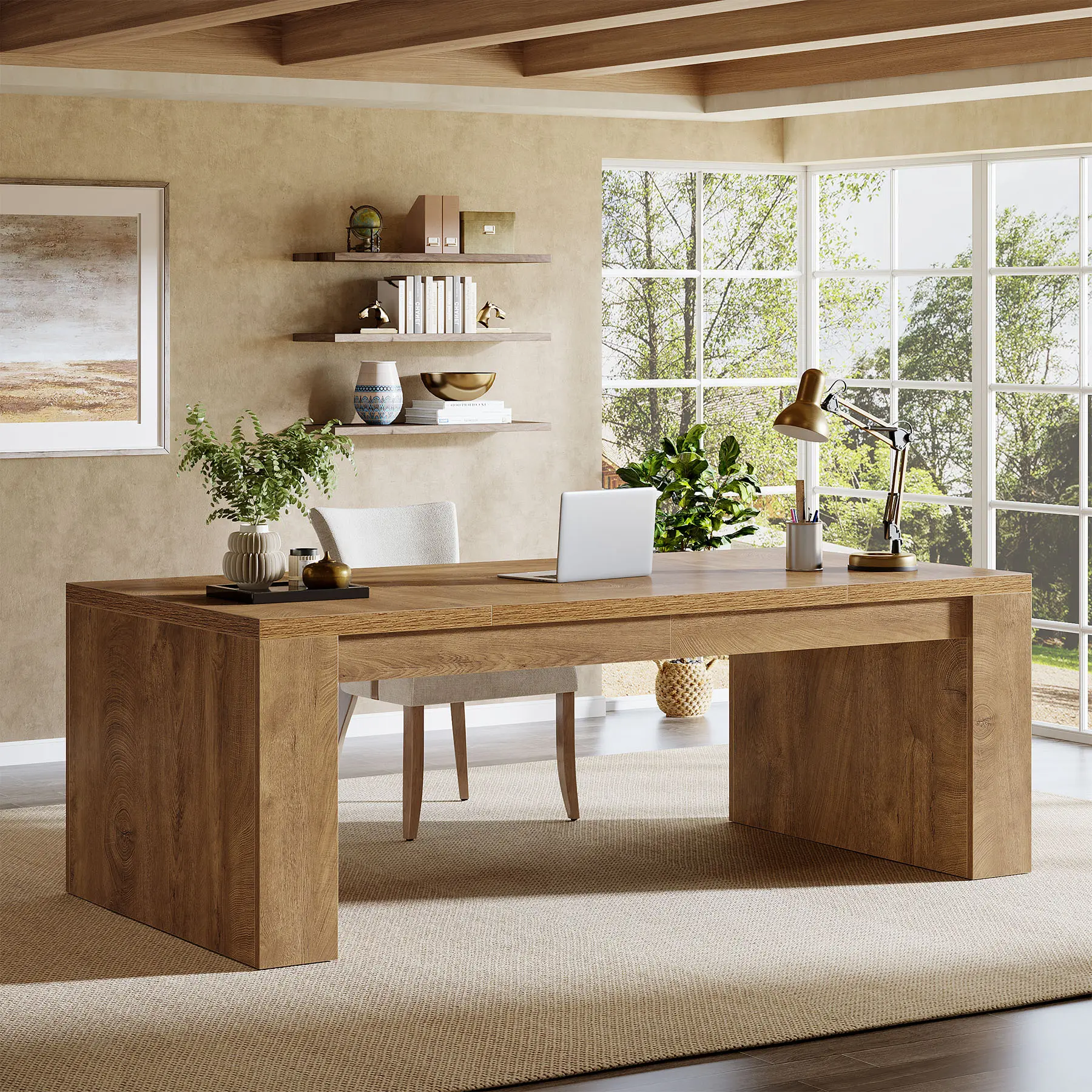LITTLE TREE 70.9-Inch Wooden Computer Desk, Large Farmhouse Executive Office Desk with Sturdy Double Pedestal Legs, Writing Workstation Business Furniture for Home Office