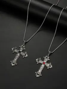 1 Neutral Gothic Cross Necklace Vintage Engraved Glass Stone Pendant Punk Style Statement Choker Christmas Faith Jewelry Geometric Cross Design