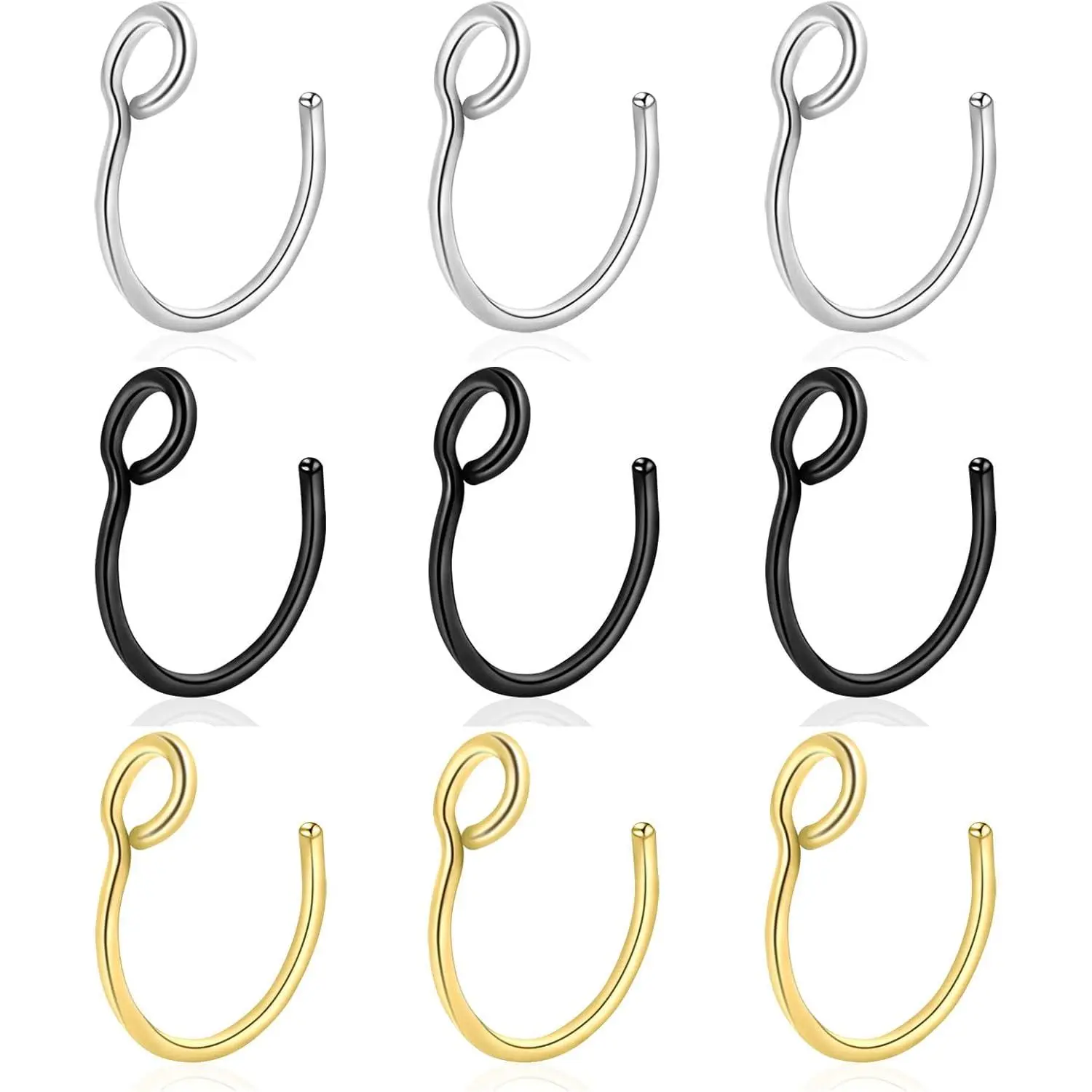 9-Pack Faux Nose Ring Hoops, 20G 8mm Surgical Stainless Steel Clip-On Lip Rings, Unisex Non-Pierced Adjustable Nickel-Free Body Jewelry, 0.1G Female Everyday Wear