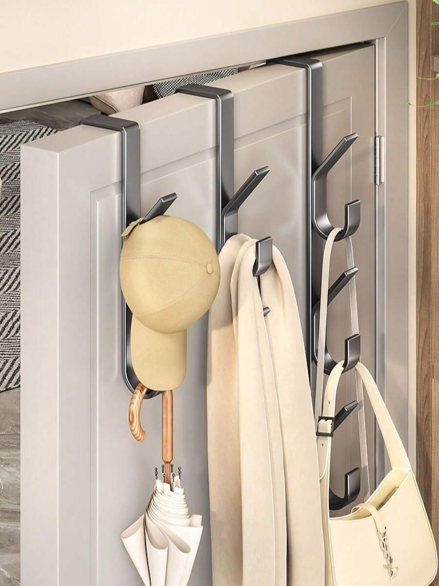 1pc/2pcs Carbon Steel Over-The-Door Hook - Heavy Duty Metal Multipurpose Towel Rack| Space-Saving Vertical Design Storage Hanging Hook Rack| Bathroom Over-The-Door Towel Hanger, Titanium Color, No Drilling Required, Suitable For Bedroom